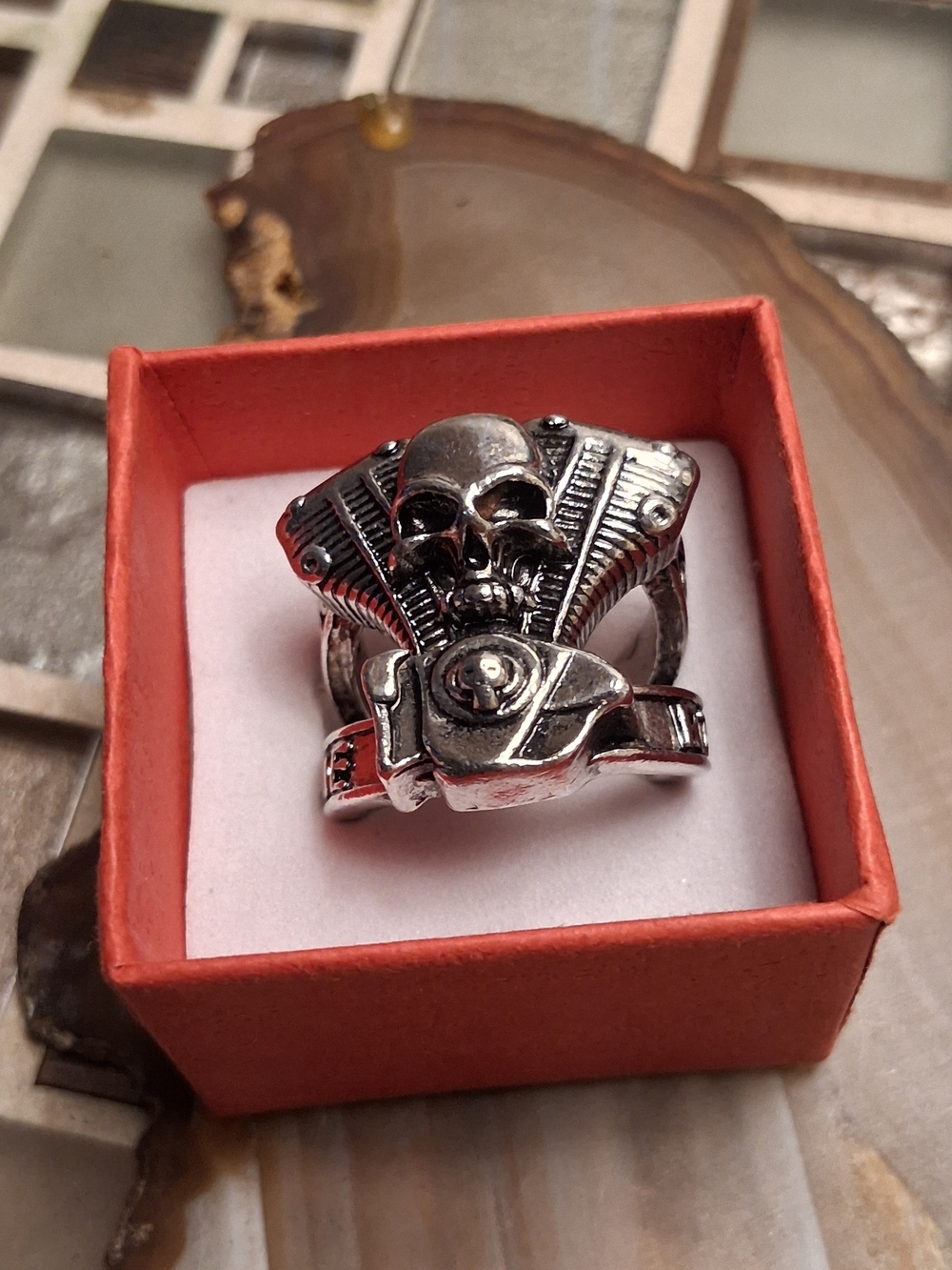 Bold Silver-Tone Skull Engine Motorcycle Ring for Women